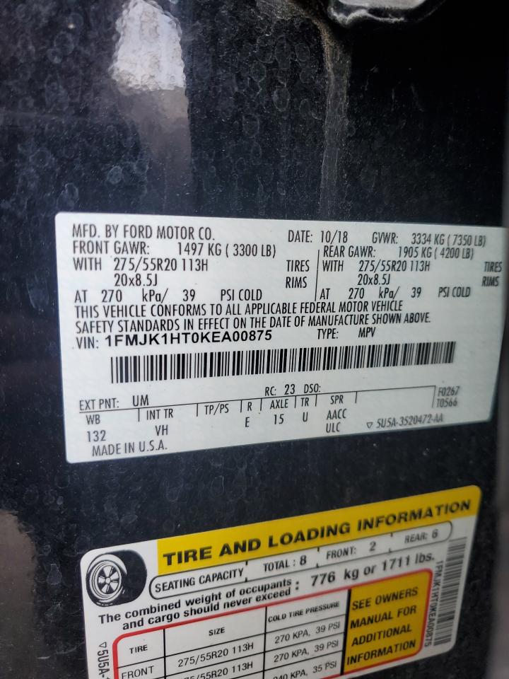 2019 Ford Expedition VIN 1FMJK1HT0KEA00875 Copart auction photo, front end / side damage thumbnail 14