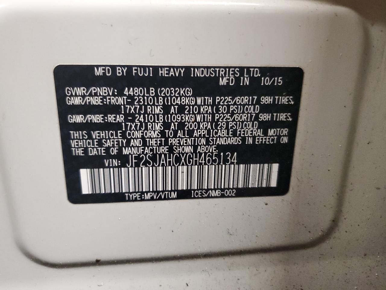 2016 Subaru Forester VIN JF2SJAHCXGH465134 Copart auction photo, front end damage thumbnail 14