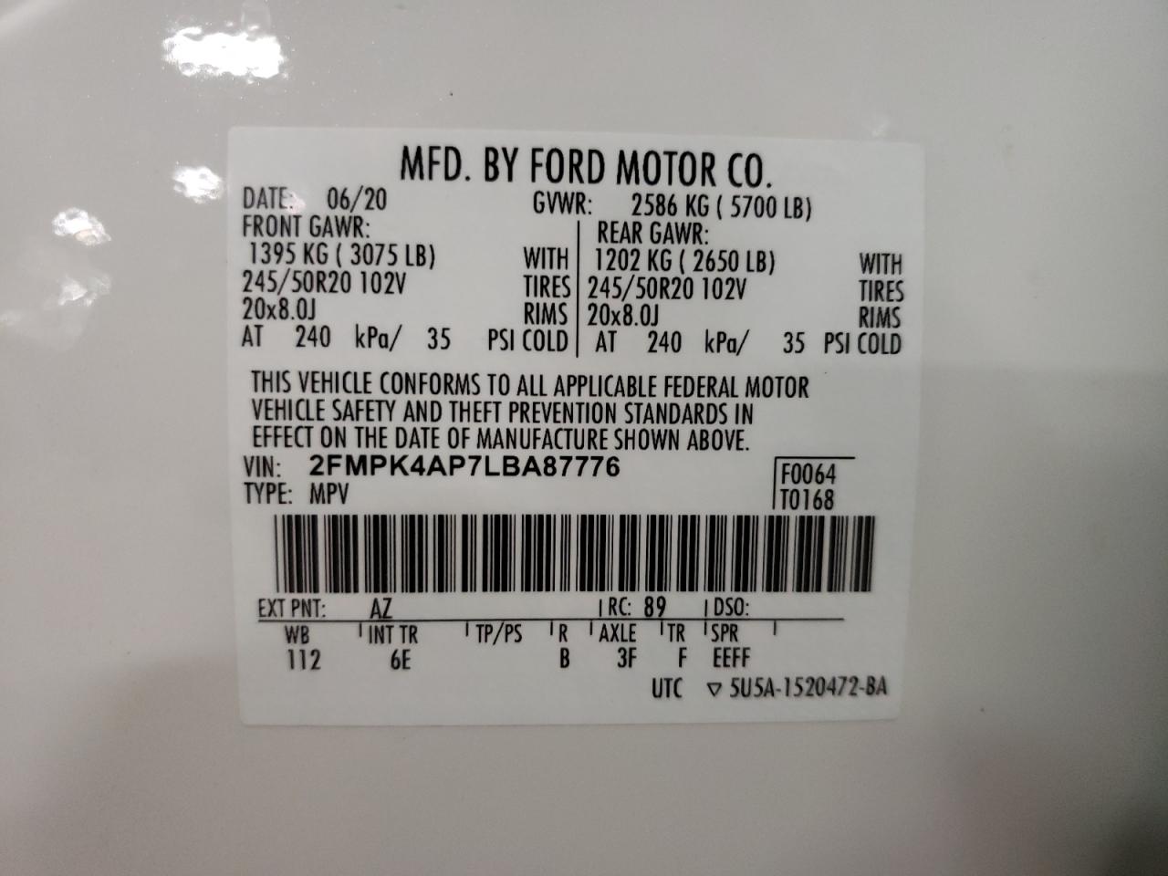 2020 Ford Edge VIN 2FMPK4AP7LBA87776 Copart auction photo, front end damage thumbnail 14
