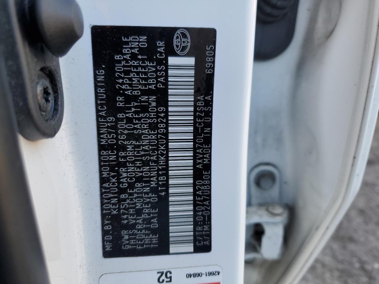 2019 Toyota Camry VIN 4T1B11HK2KU798249 Copart auction photo, rear end damage thumbnail 14