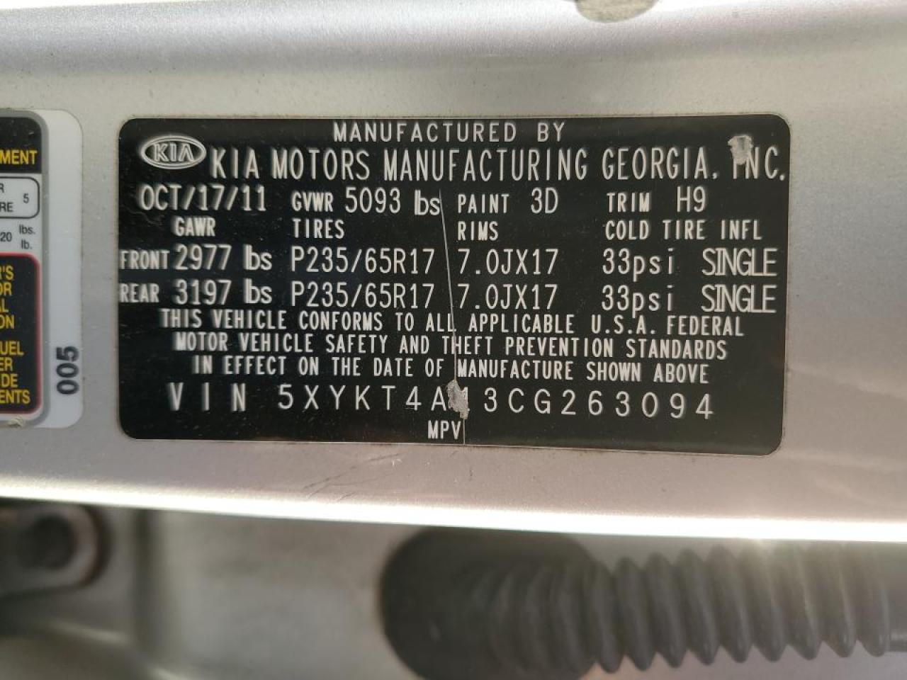 2012 KIA Sorento VIN 5XYKT4A13CG263094 Copart auction photo, all over damage thumbnail 13