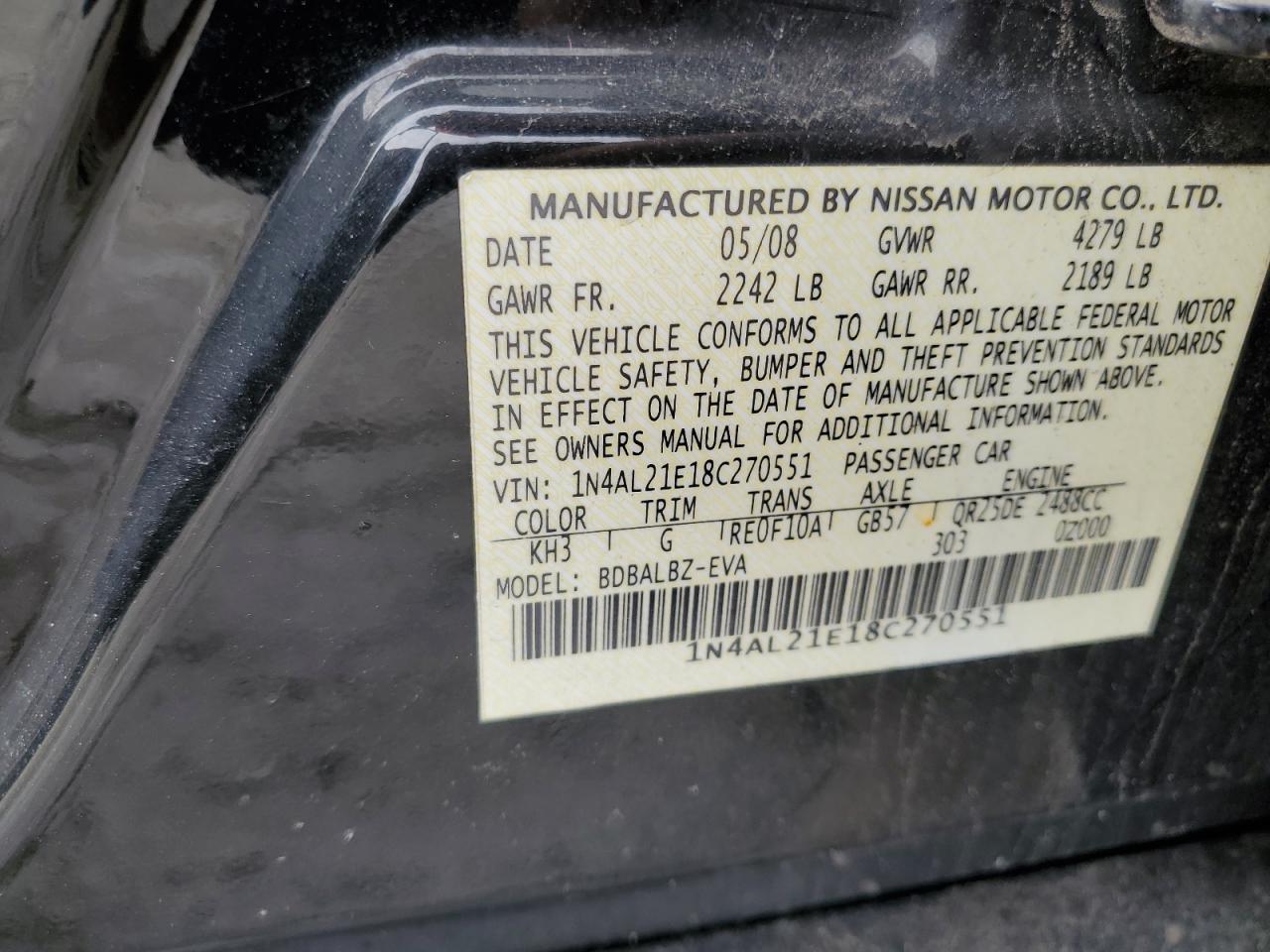 2008 Nissan Altima VIN 1N4AL21E18C270551 Copart auction photo, front end damage thumbnail 12