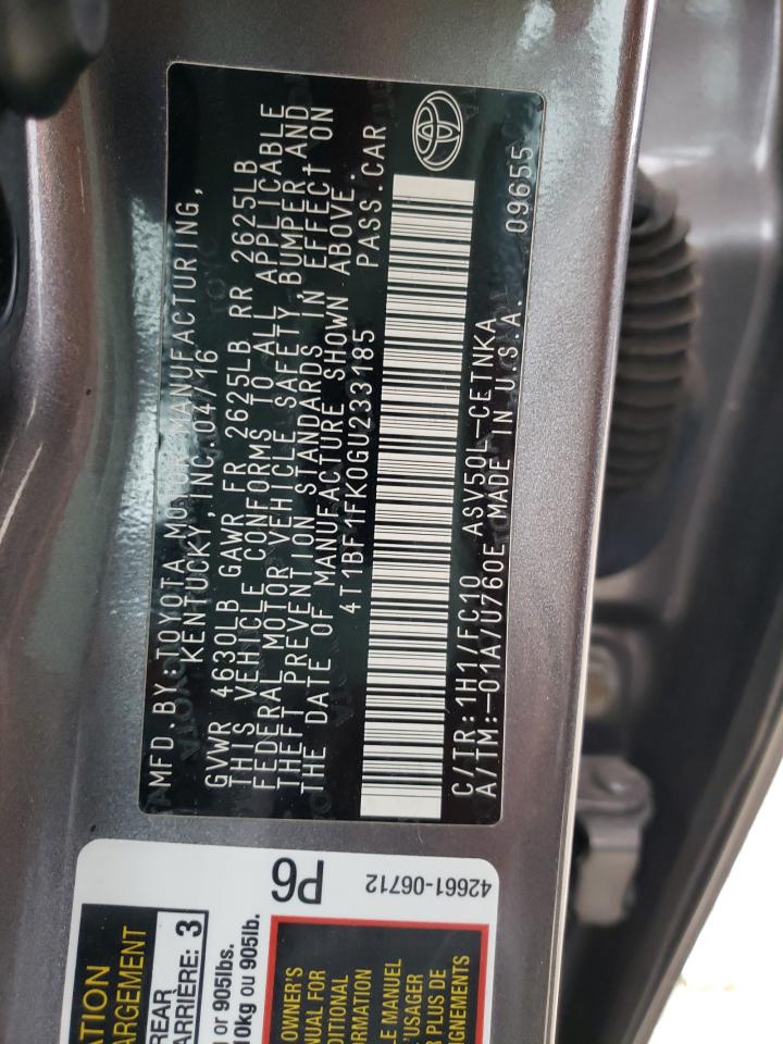 2016 Toyota Camry VIN 4T1BF1FK0GU233185 Copart auction photo, front end damage thumbnail 12