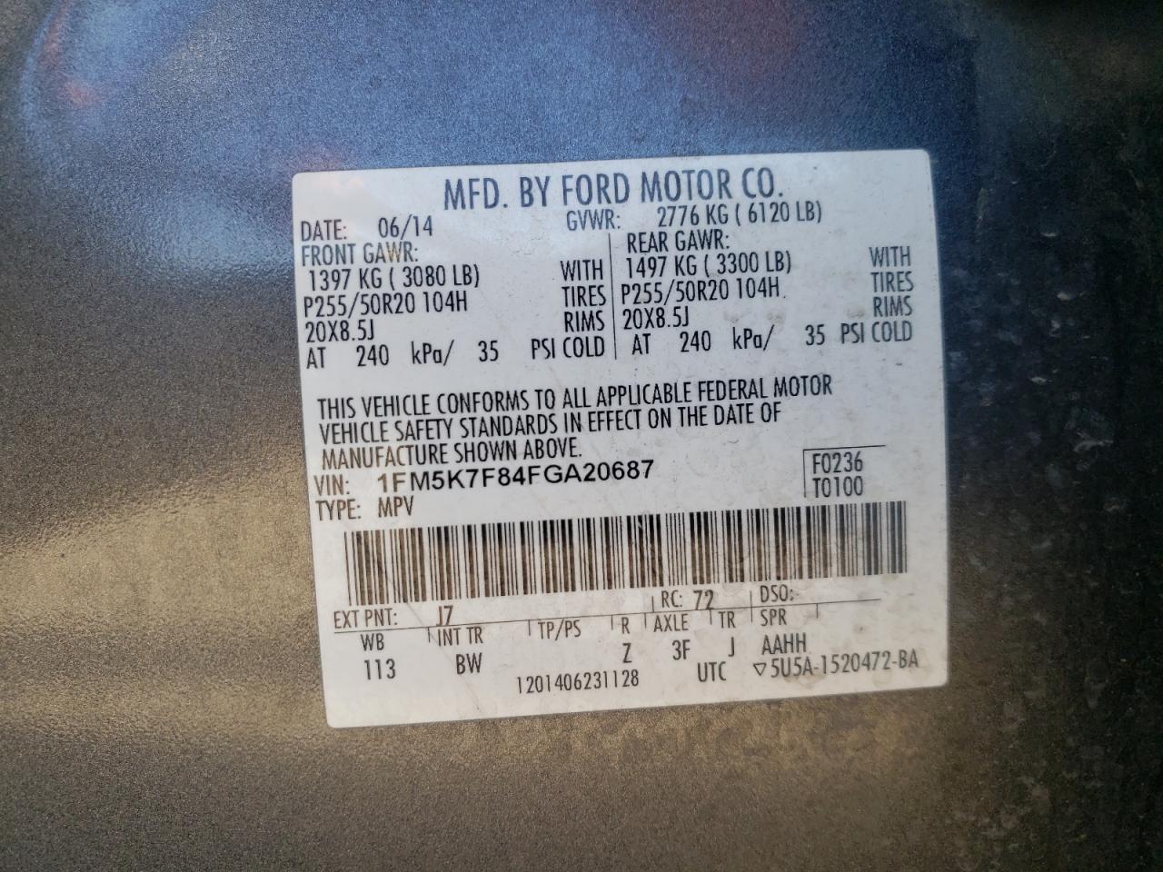 2015 Ford Explorer VIN 1FM5K7F84FGA20687 Copart auction photo, front end damage thumbnail 14