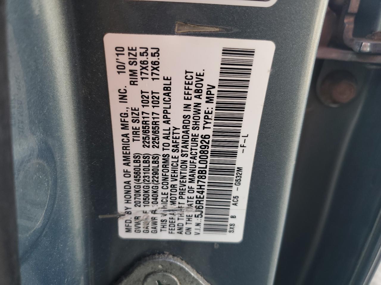 2011 Honda CR-V VIN 5J6RE4H78BL008926 Copart auction photo, rear end damage thumbnail 14