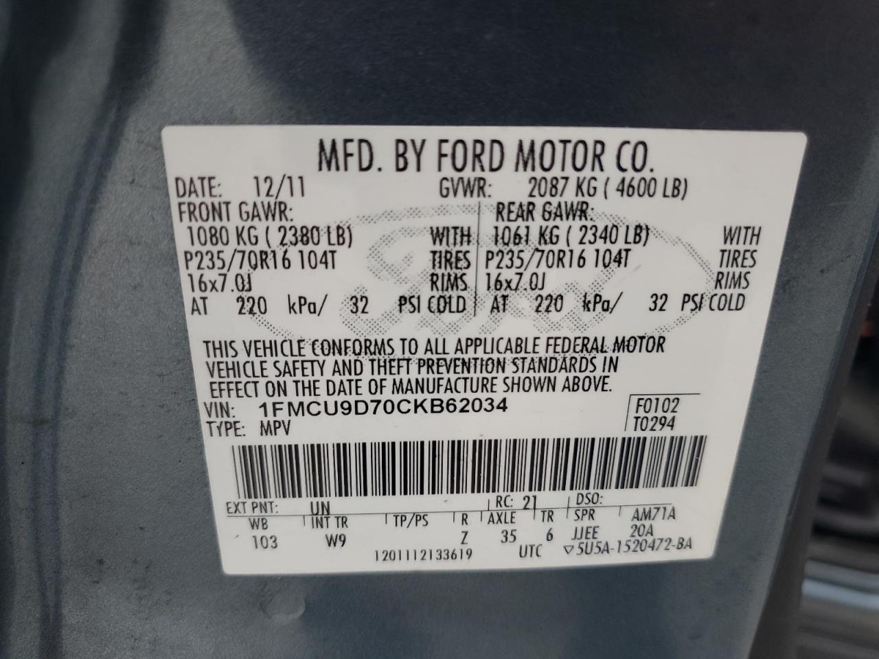2012 Ford Escape VIN 1FMCU9D70CKB62034 Copart auction photo, rear end / minor dent/scratches damage thumbnail 15