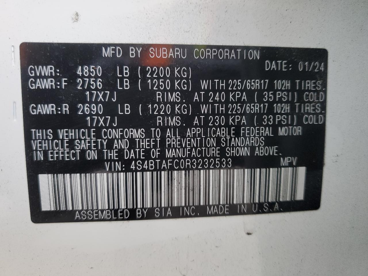 2024 Subaru Outback VIN 4S4BTAFC0R3232533 Copart auction photo, front end / side damage thumbnail 13