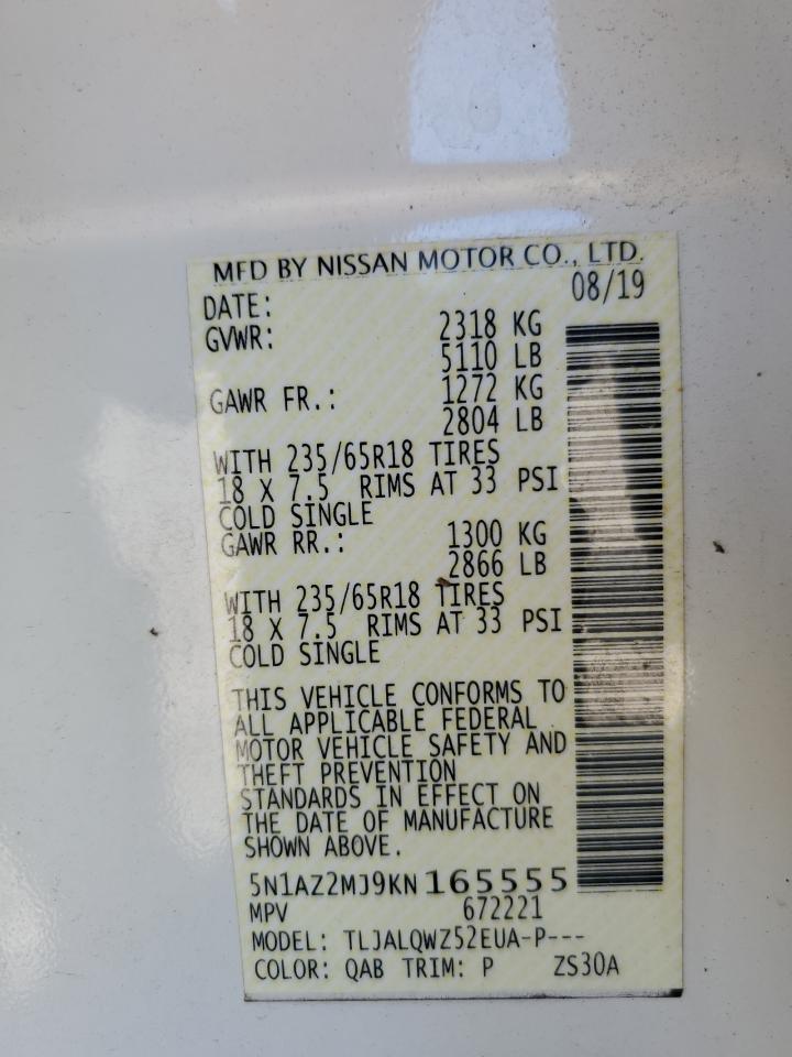 2019 Nissan Murano VIN 5N1AZ2MJ9KN165555 Copart auction photo, front end / minor dent/scratches damage thumbnail 15