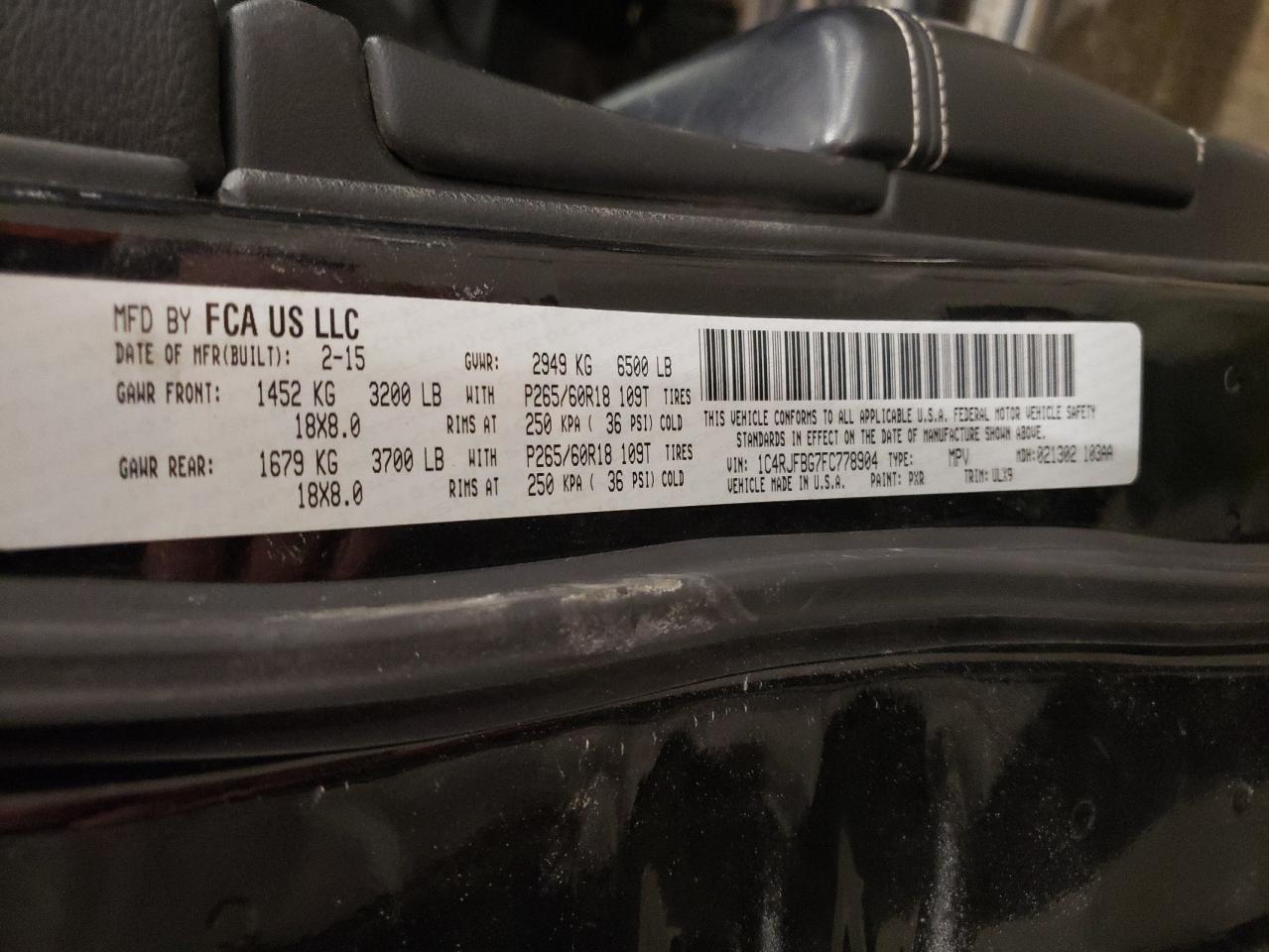 2015 Jeep Grand Cherokee VIN 1C4RJFBG7FC778904 Copart auction photo, front end / side damage thumbnail 14