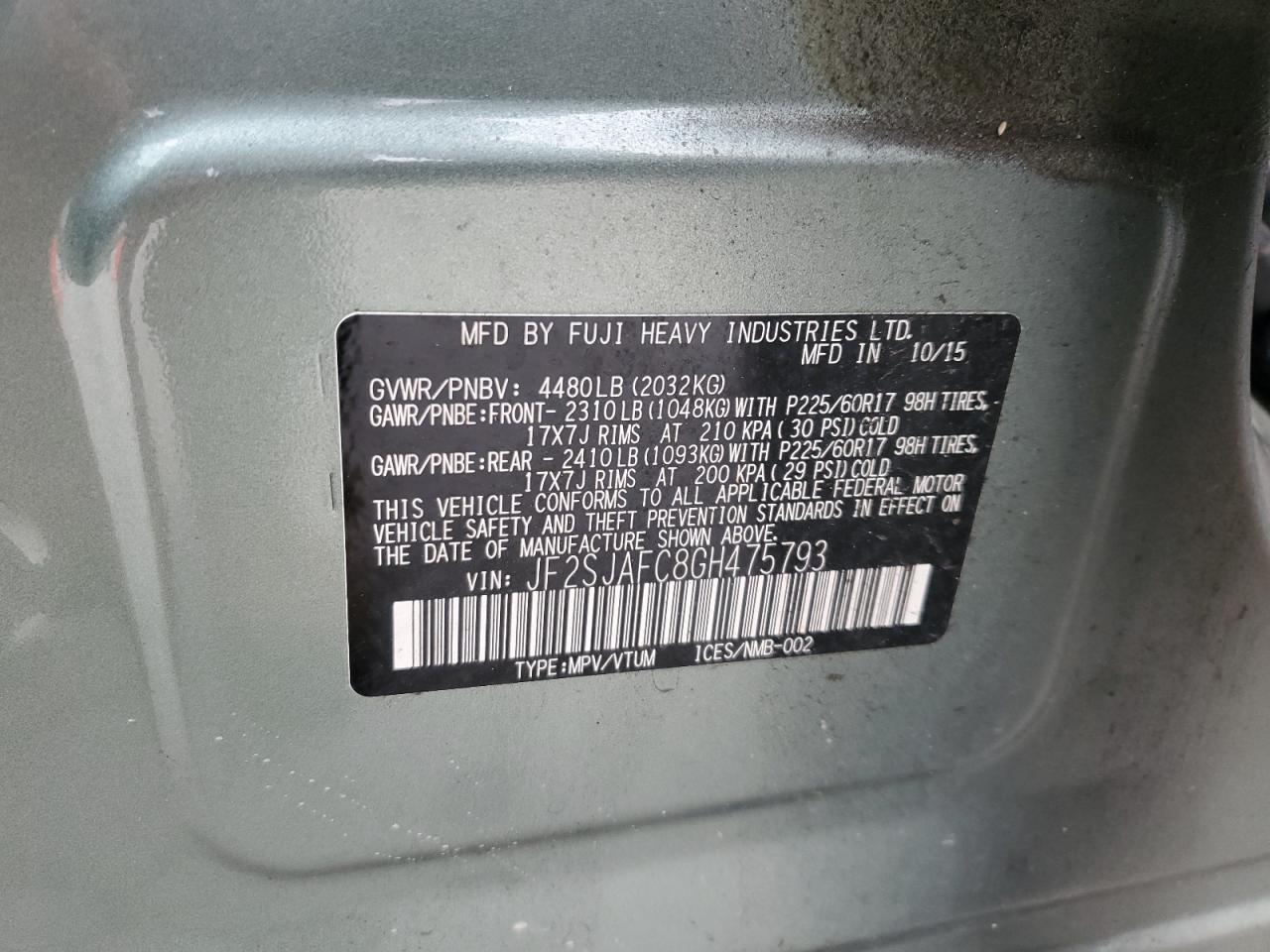 2016 Subaru Forester VIN JF2SJAFC8GH475793 Copart auction photo, front end damage thumbnail 16