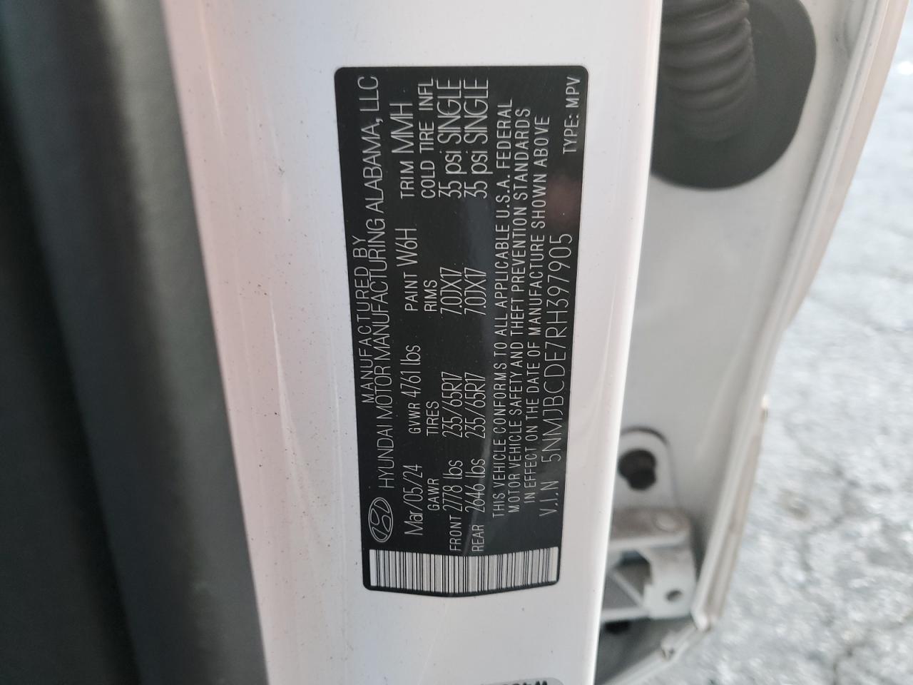2024 Hyundai Tucson VIN 5NMJBCDE7RH397905 Copart auction photo, front end / side damage thumbnail 14