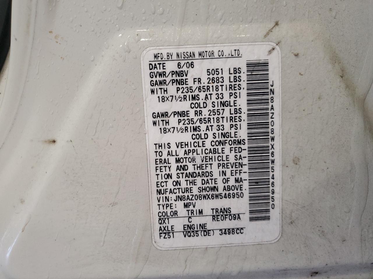 2006 Nissan Murano VIN JN8AZ08WX6W546950 Copart auction photo, rear end damage thumbnail 13