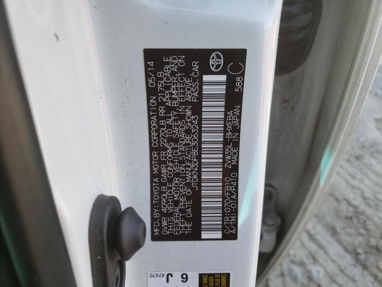 2014 Toyota Prius VIN JTDKN3DP8E3063243 Copart auction photo, front end / undercarriage damage thumbnail 13