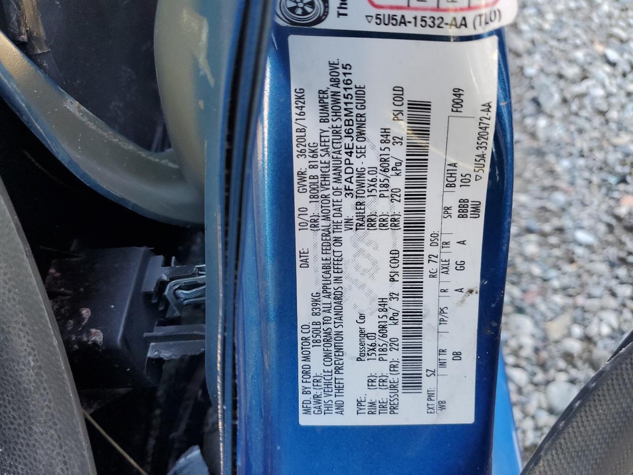 2011 Ford Fiesta VIN 3FADP4EJ6BM151615 Copart auction photo, front end / side damage thumbnail 12