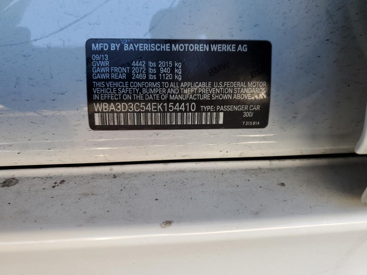 2014 BMW 3er VIN WBA3D3C54EK154410 Copart auction photo, front end damage thumbnail 12