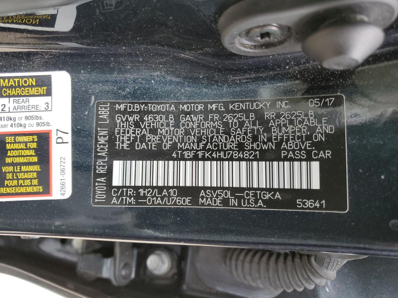 2017 Toyota Camry VIN 4T1BF1FK4HU784821 Copart auction photo, front end / side damage thumbnail 12
