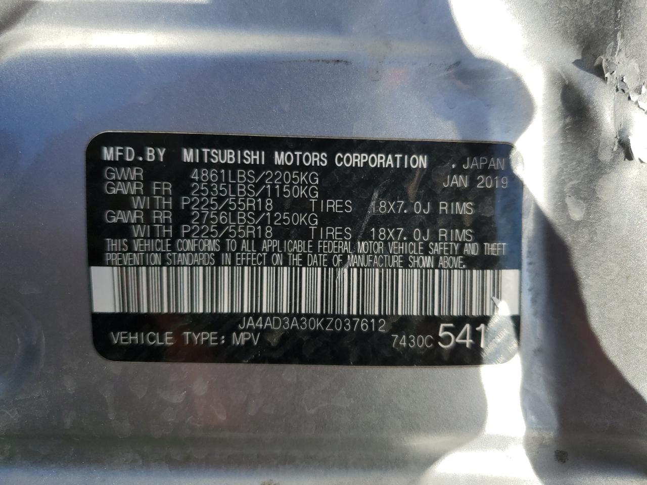2019 Mitsubishi Outlander VIN JA4AD3A30KZ037612 Copart auction photo, side damage thumbnail 13