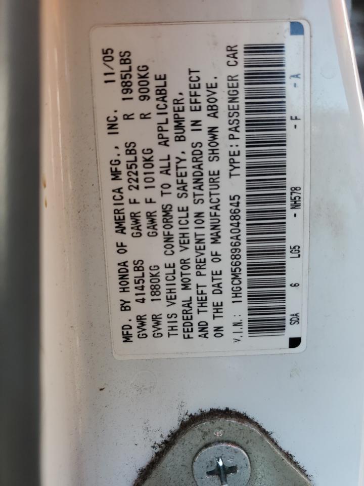 2006 Honda Accord VIN 1HGCM56896A048645 Copart auction photo, vandalism / minor dent/scratches damage thumbnail 12