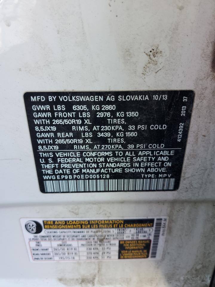 2014 Volkswagen Touareg VIN WVGEP9BP0ED005128 Copart auction photo, front end damage thumbnail 13