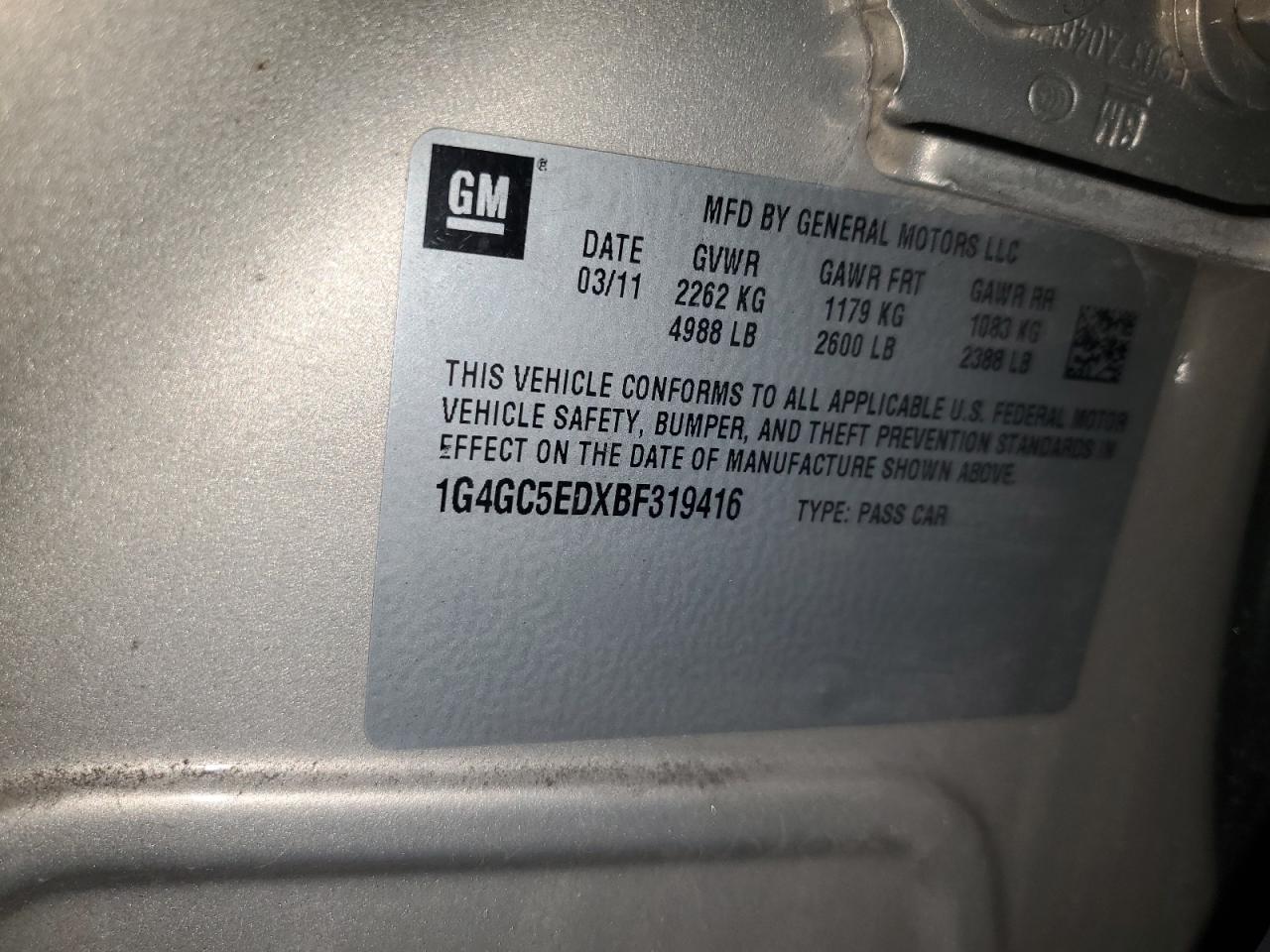 2011 Buick LaCrosse VIN 1G4GC5EDXBF319416 Copart auction photo, front end / minor dent/scratches damage thumbnail 14