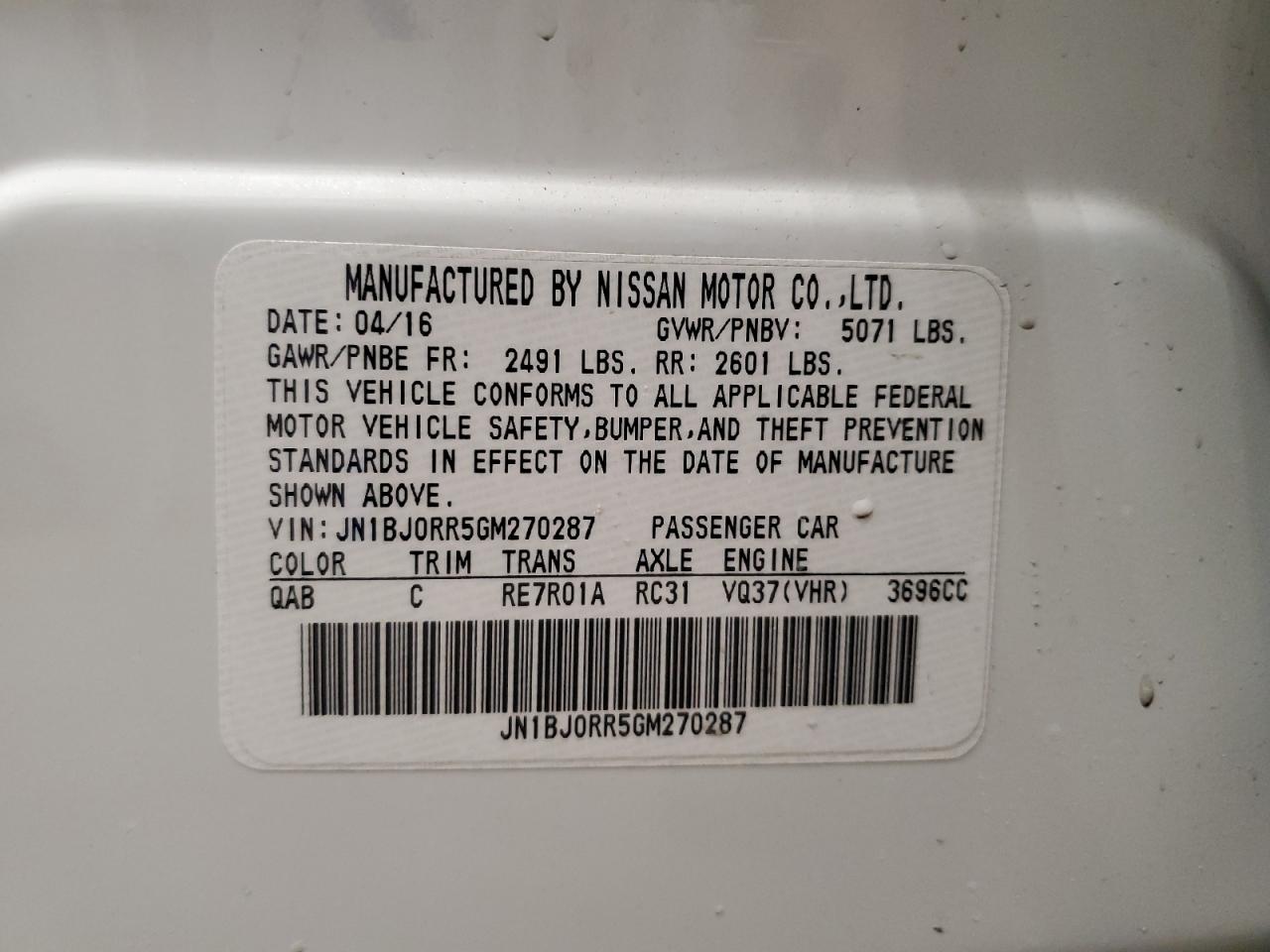 2016 Infiniti QX50 VIN JN1BJ0RR5GM270287 Copart auction photo, front end damage thumbnail 15