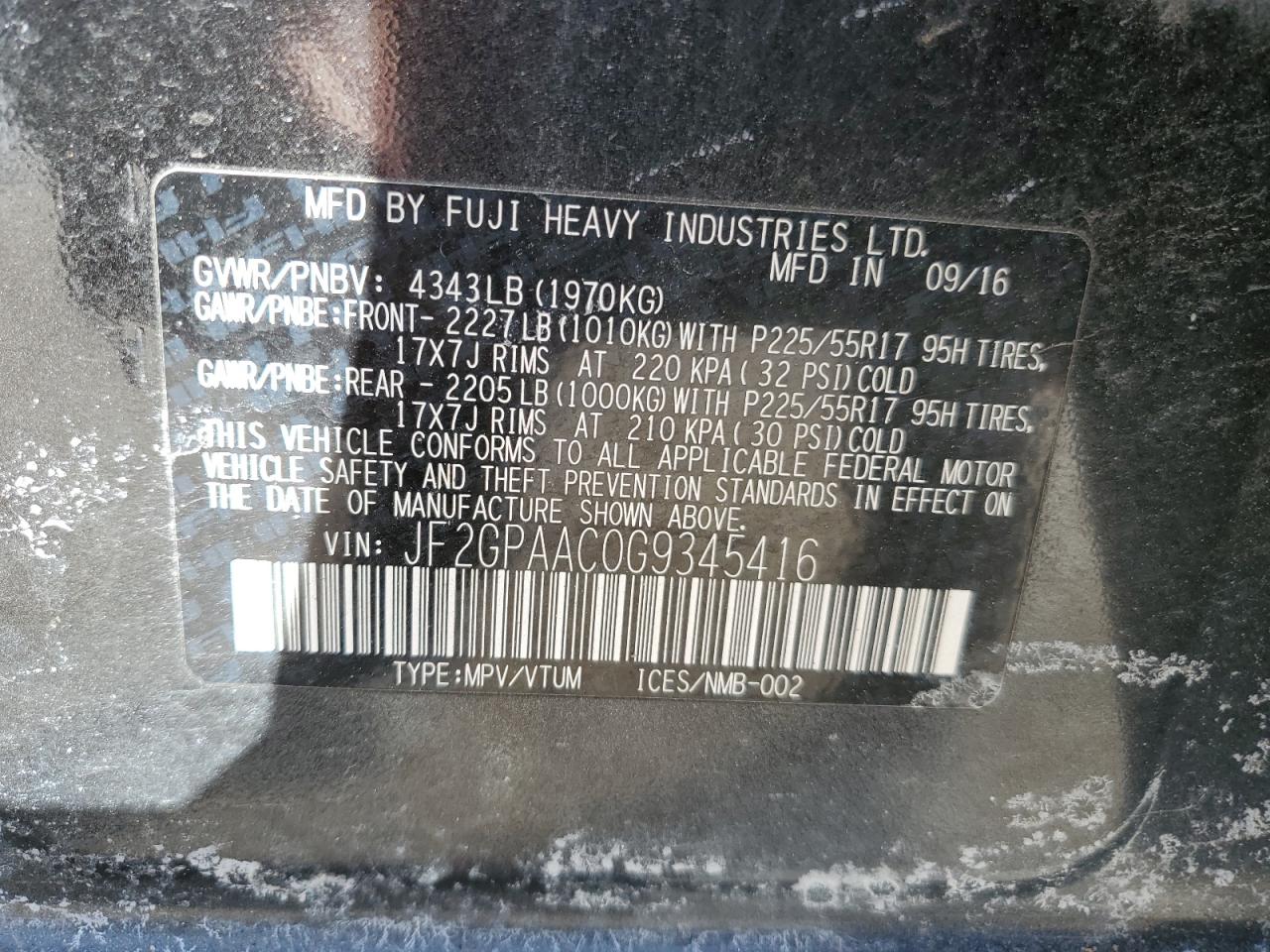2016 Subaru XV VIN JF2GPAAC0G9345416 Copart auction photo, front end / side damage thumbnail 13