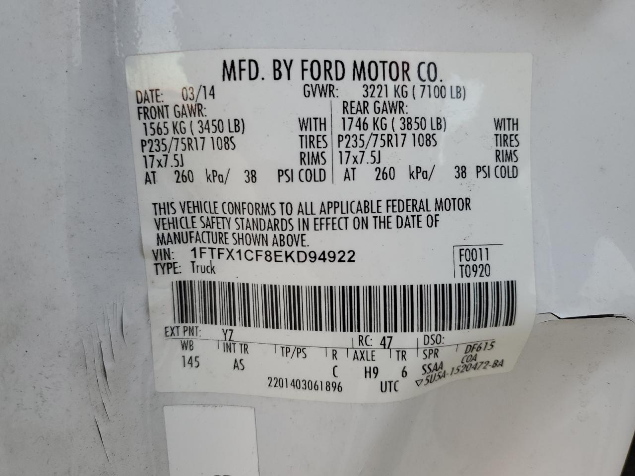 2014 Ford F-150 VIN 1FTFX1CF8EKD94922 Copart auction photo, all over / rear end damage thumbnail 12
