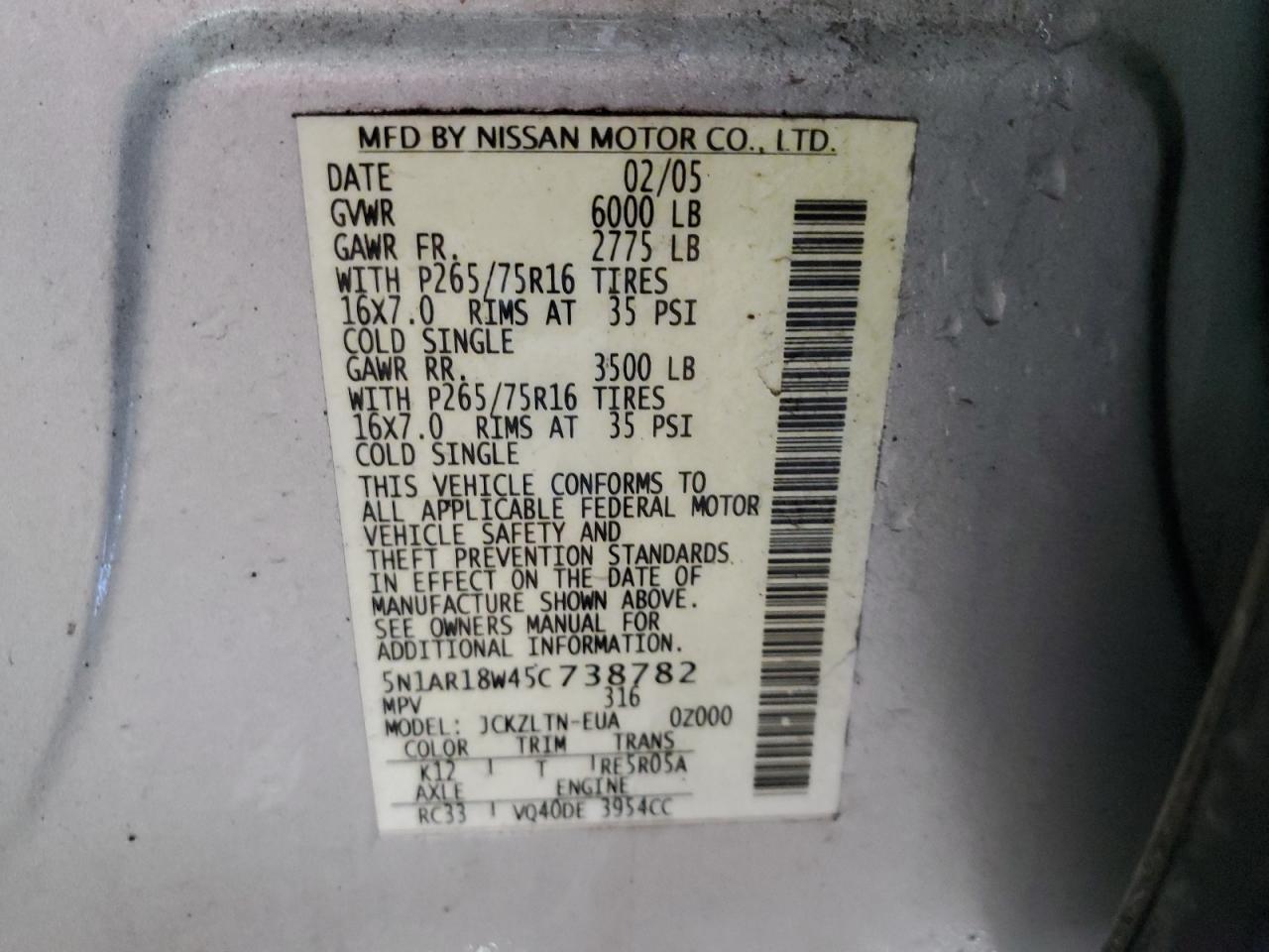 2005 Nissan Pathfinder VIN 5N1AR18W45C738782 Copart auction photo, rear end / side damage thumbnail 13