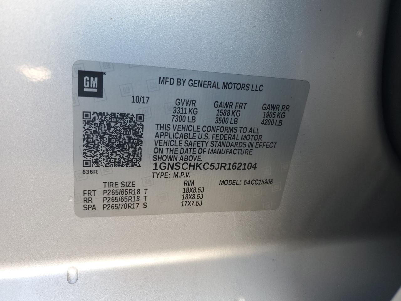 2018 Chevrolet Suburban VIN 1GNSCHKC5JR162104 Copart auction photo, front end damage thumbnail 15