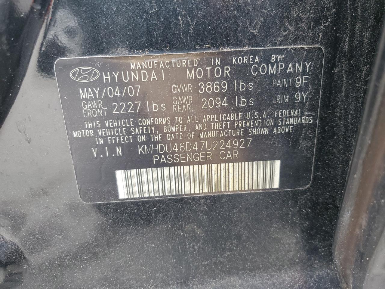 2007 Hyundai Elantra VIN KMHDU46D47U224927 Copart auction photo, front end damage thumbnail 12