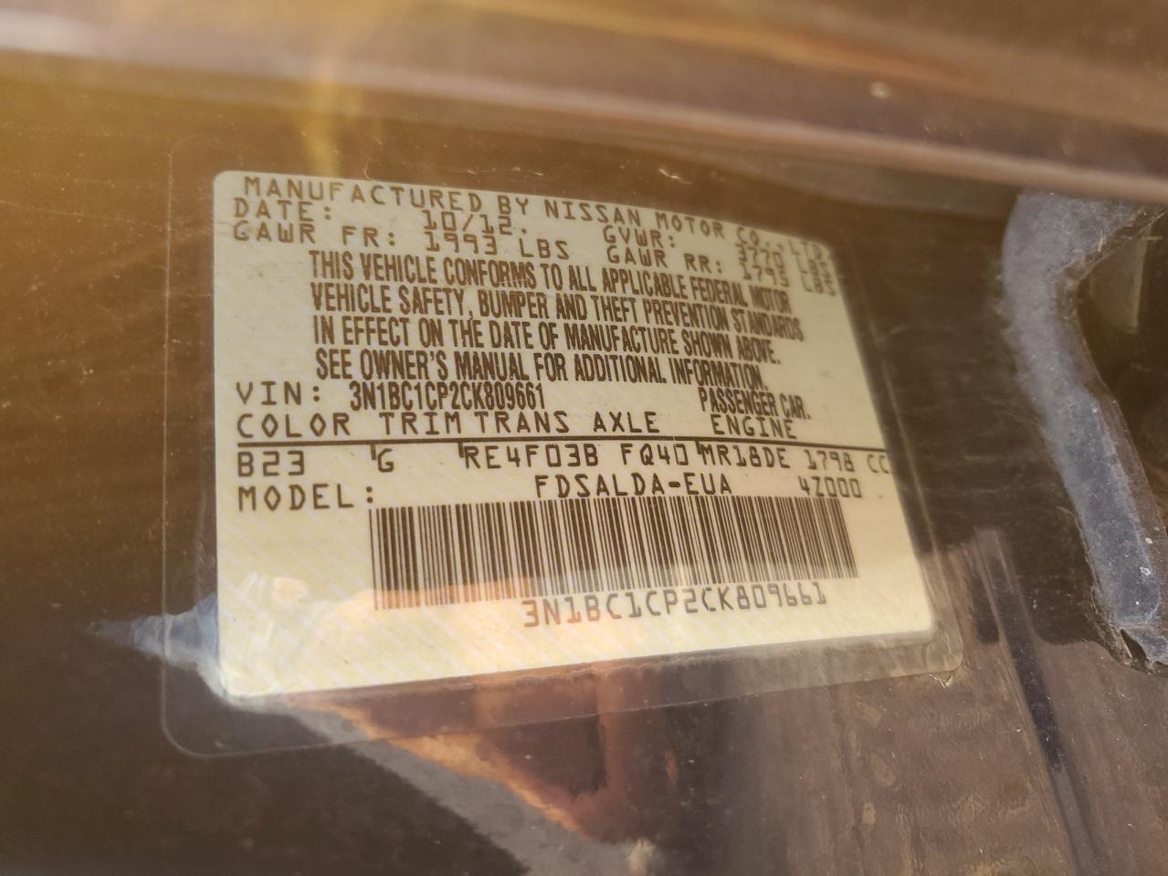 2012 Nissan Versa VIN 3N1BC1CP2CK809661 Copart auction photo, front end damage thumbnail 14