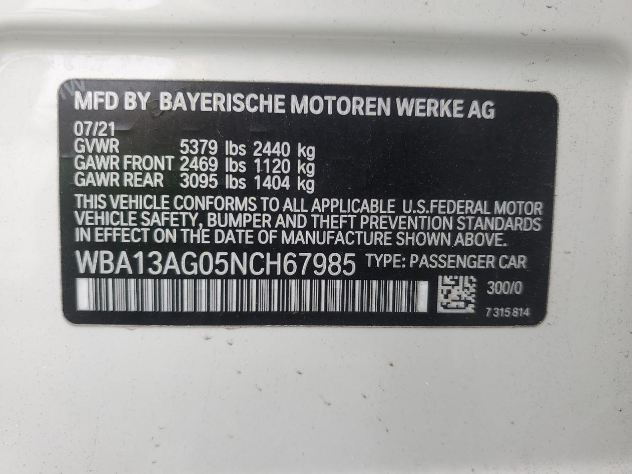 2022 BMW 5er VIN WBA13AG05NCH67985 Copart auction photo, front end damage thumbnail 13