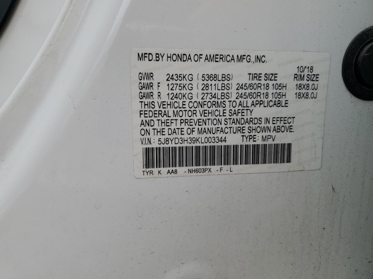 2019 Acura MDX VIN 5J8YD3H39KL003344 Copart auction photo, front end damage thumbnail 13