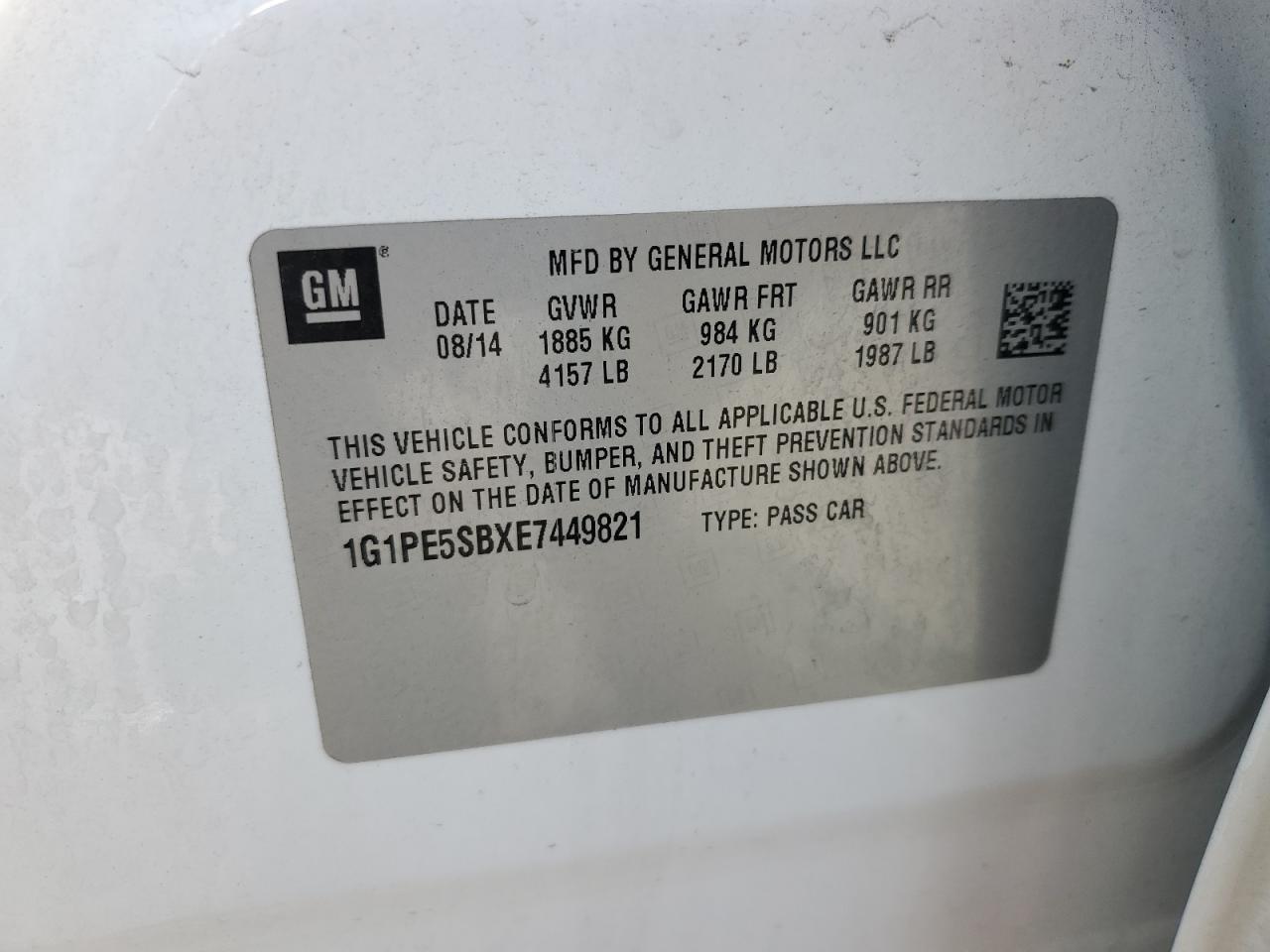 2014 Chevrolet Cruze VIN 1G1PE5SBXE7449821 Copart auction photo, front end / side damage thumbnail 12