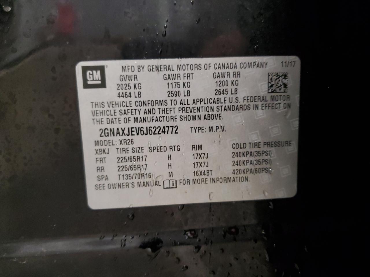 2018 Chevrolet Equinox VIN 2GNAXJEV6J6224772 Copart auction photo, front end / side damage thumbnail 13