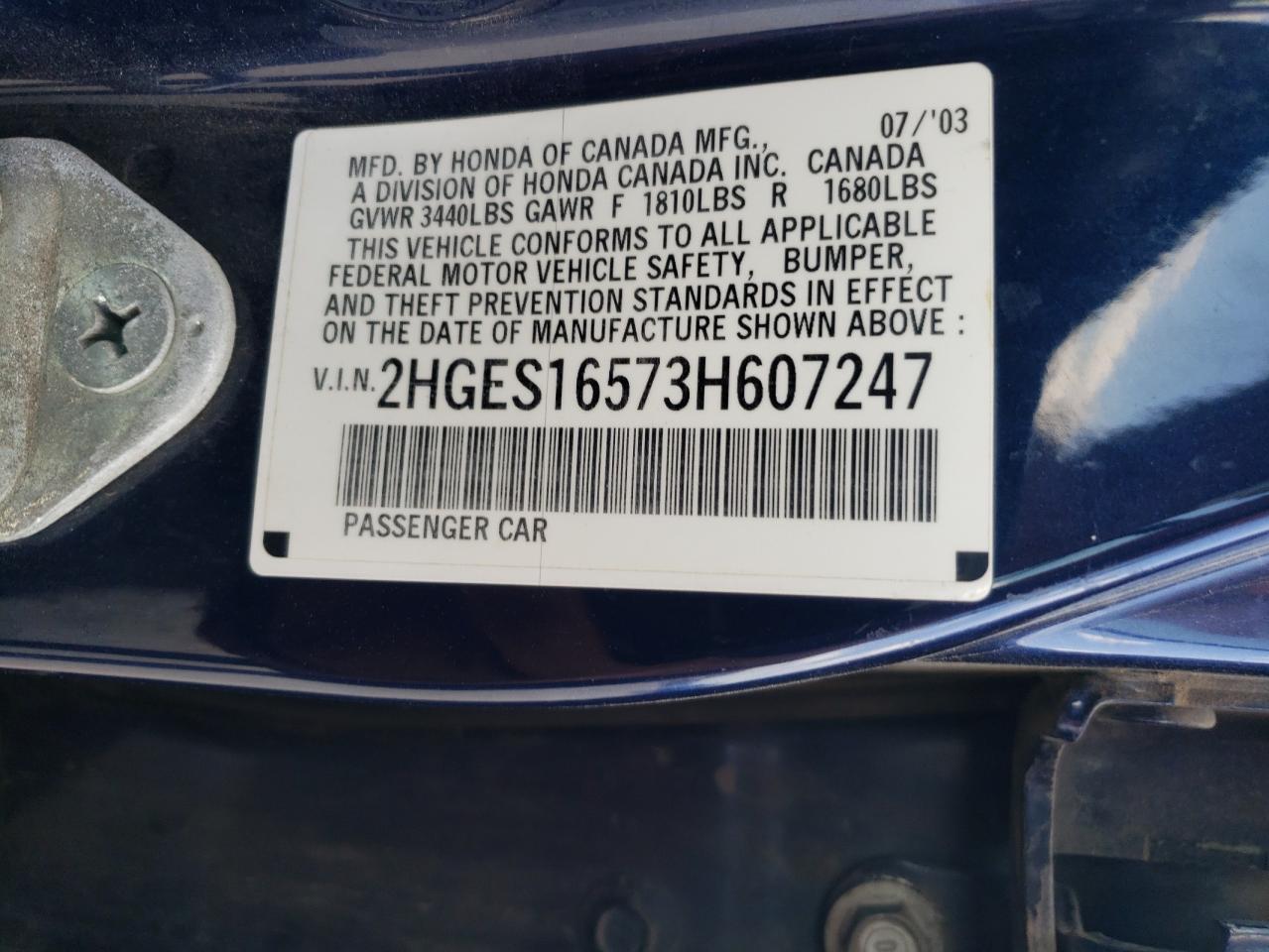 2003 Honda Civic VIN 2HGES16573H607247 Copart auction photo, front end / minor dent/scratches damage thumbnail 13