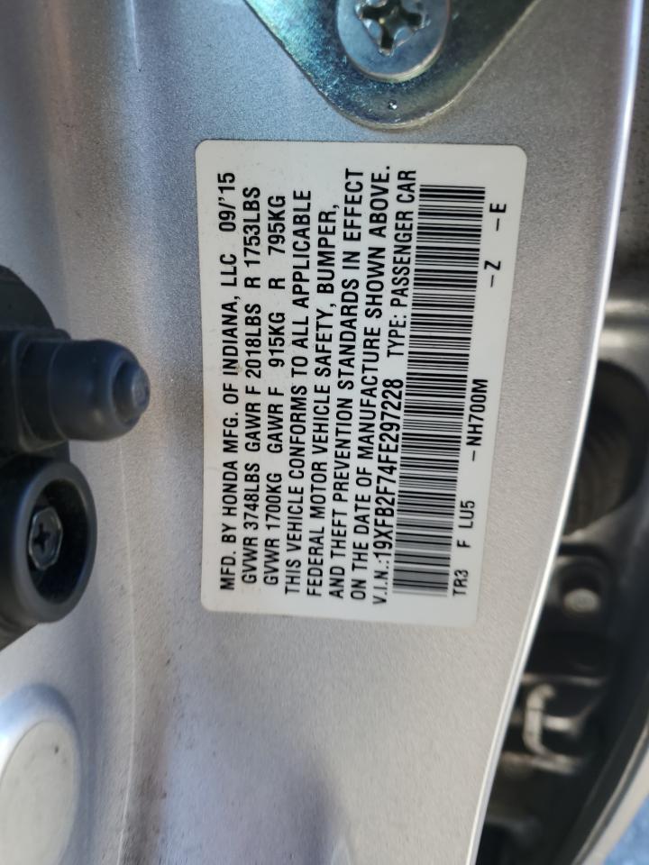 2015 Honda Civic VIN 19XFB2F74FE297228 Copart auction photo, rear end / front end damage thumbnail 12
