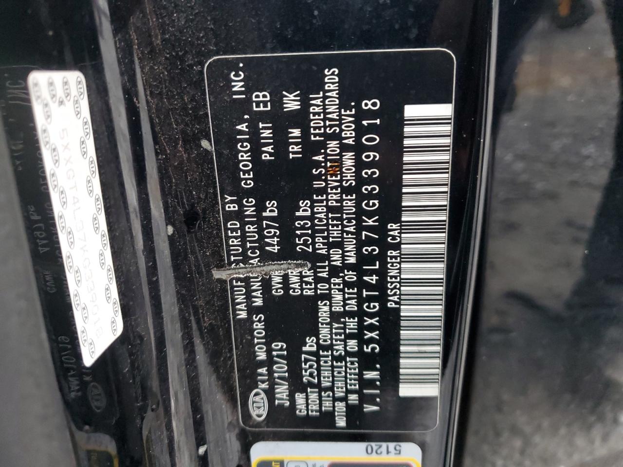 2019 KIA Optima VIN 5XXGT4L37KG339018 Copart auction photo, front end damage thumbnail 14
