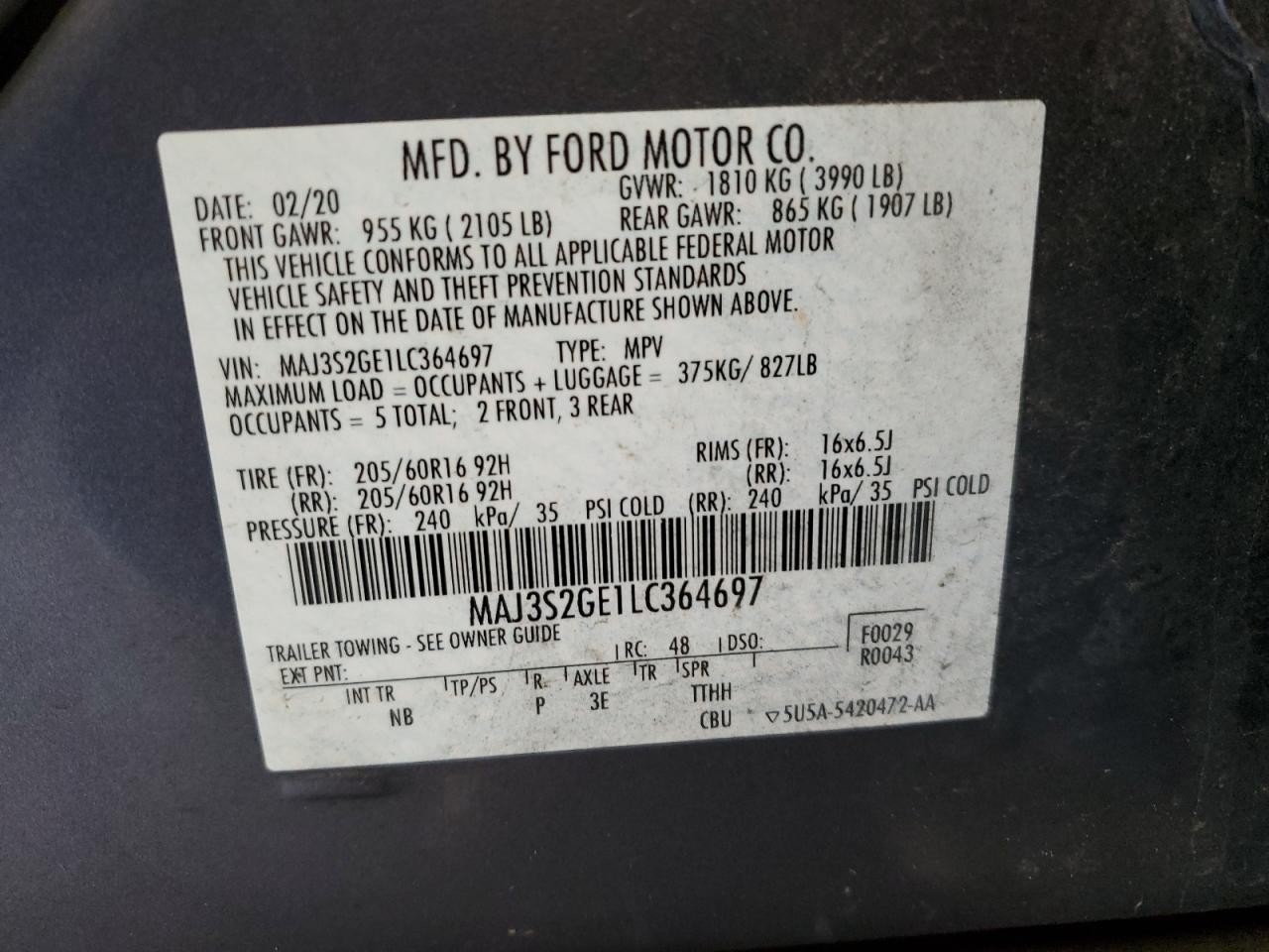 2020 Ford EcoSport VIN MAJ3S2GE1LC364697 Copart auction photo, front end / side damage thumbnail 13