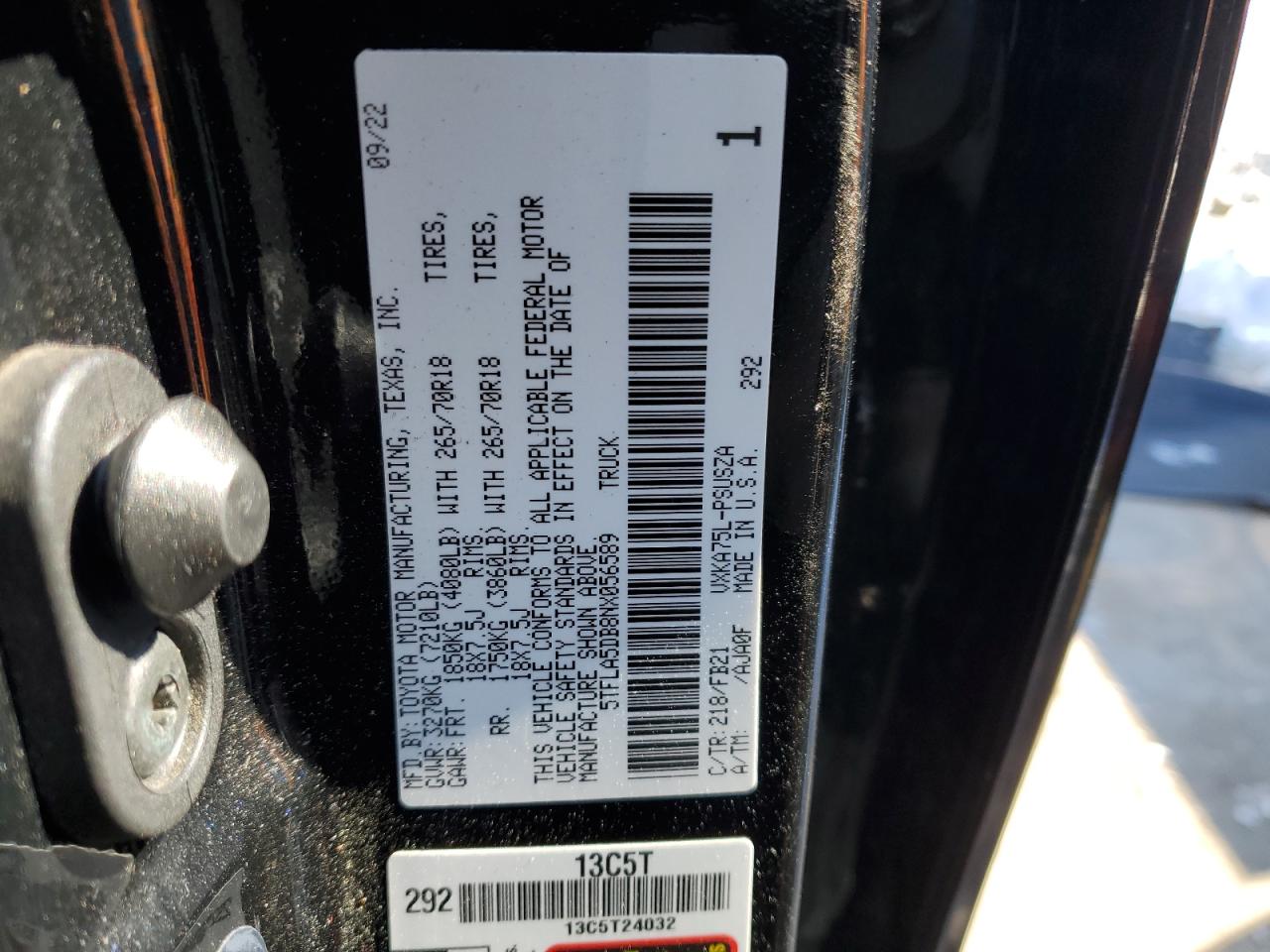 2022 Toyota Tundra VIN 5TFLA5DB8NX056589 Copart auction photo, front end damage thumbnail 14
