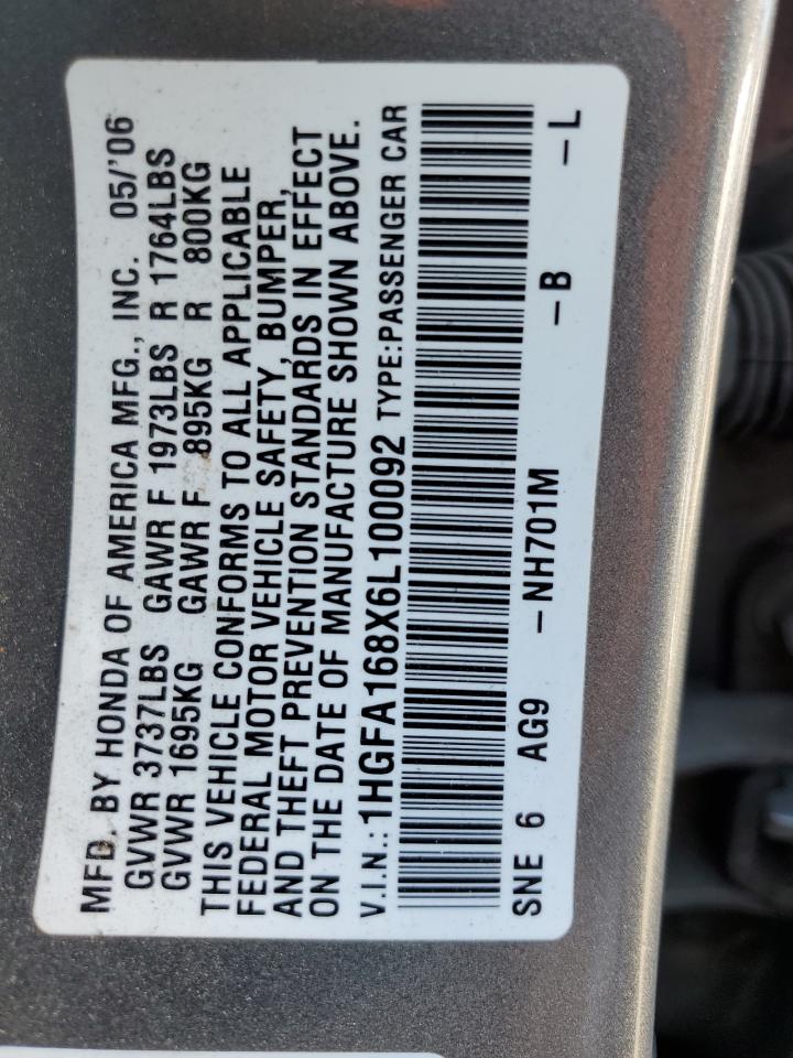 2006 Honda Civic VIN 1HGFA168X6L100092 Copart auction photo, front end / rear end damage thumbnail 13