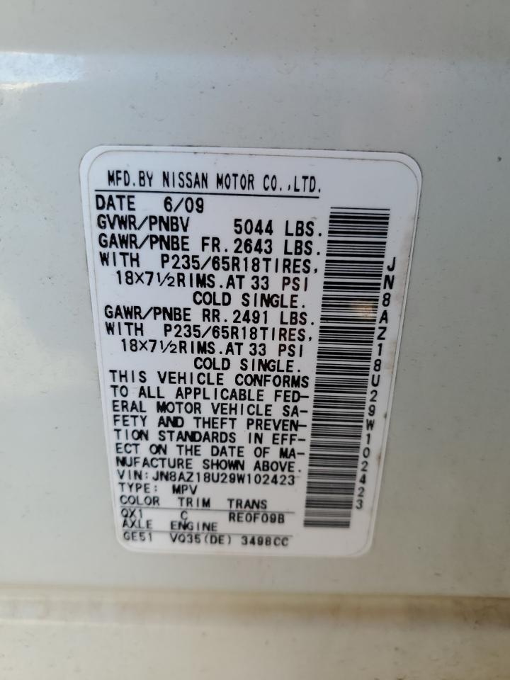 2009 Nissan Murano VIN JN8AZ18U29W102423 Copart auction photo, front end / side damage thumbnail 13