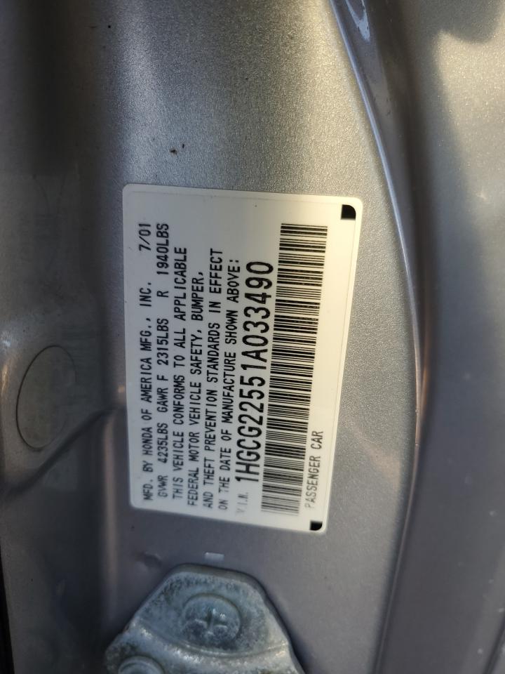 2001 Honda Accord VIN 1HGCG22551A033490 Copart auction photo, side damage thumbnail 14