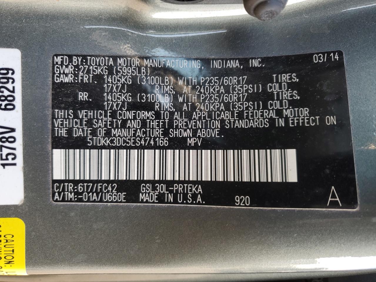 2014 Toyota Sienna VIN 5TDKK3DC5ES474166 Copart auction photo, side / front end damage thumbnail 13