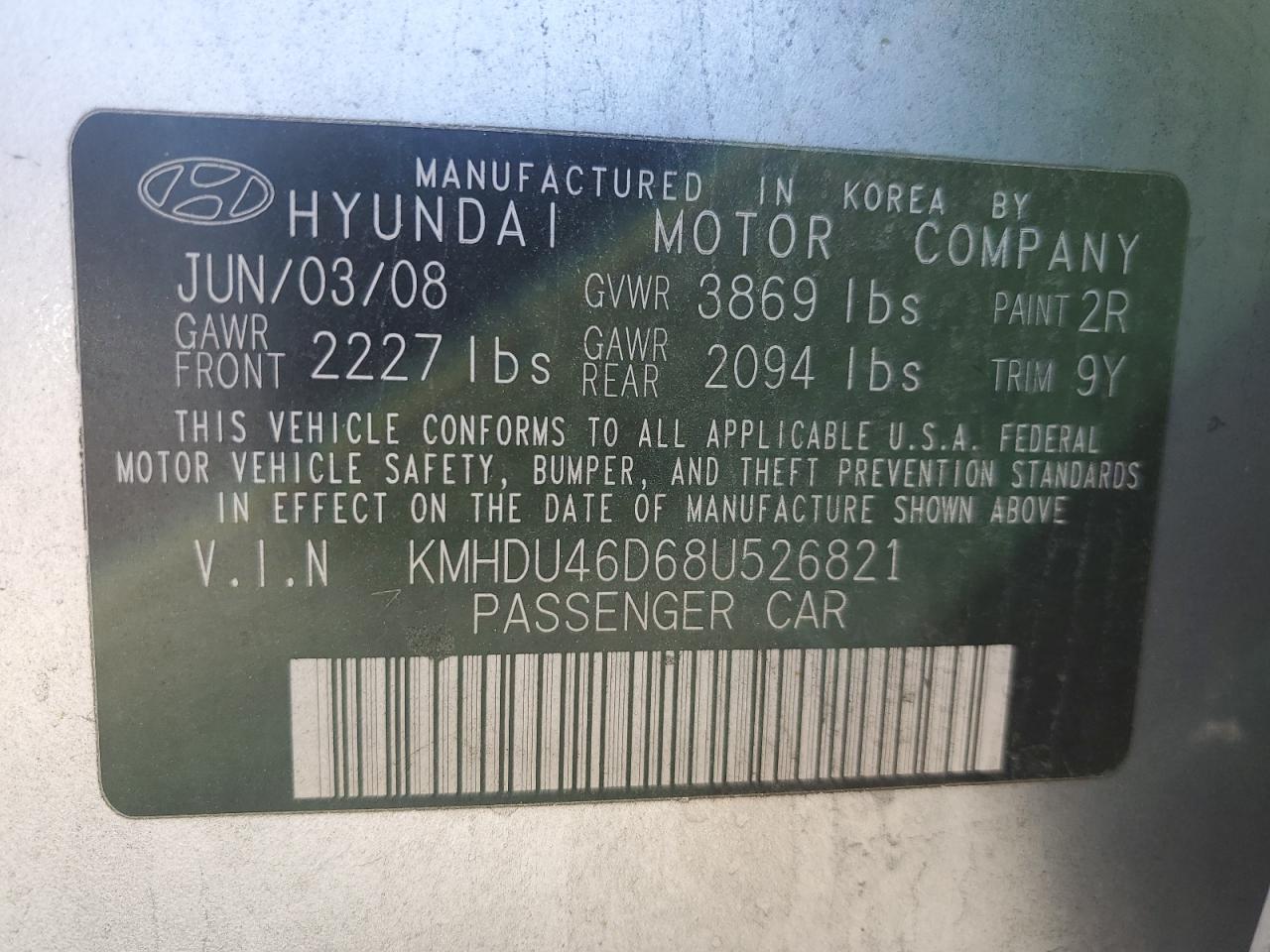 2008 Hyundai Elantra VIN KMHDU46D68U526821 Copart auction photo, front end damage thumbnail 12