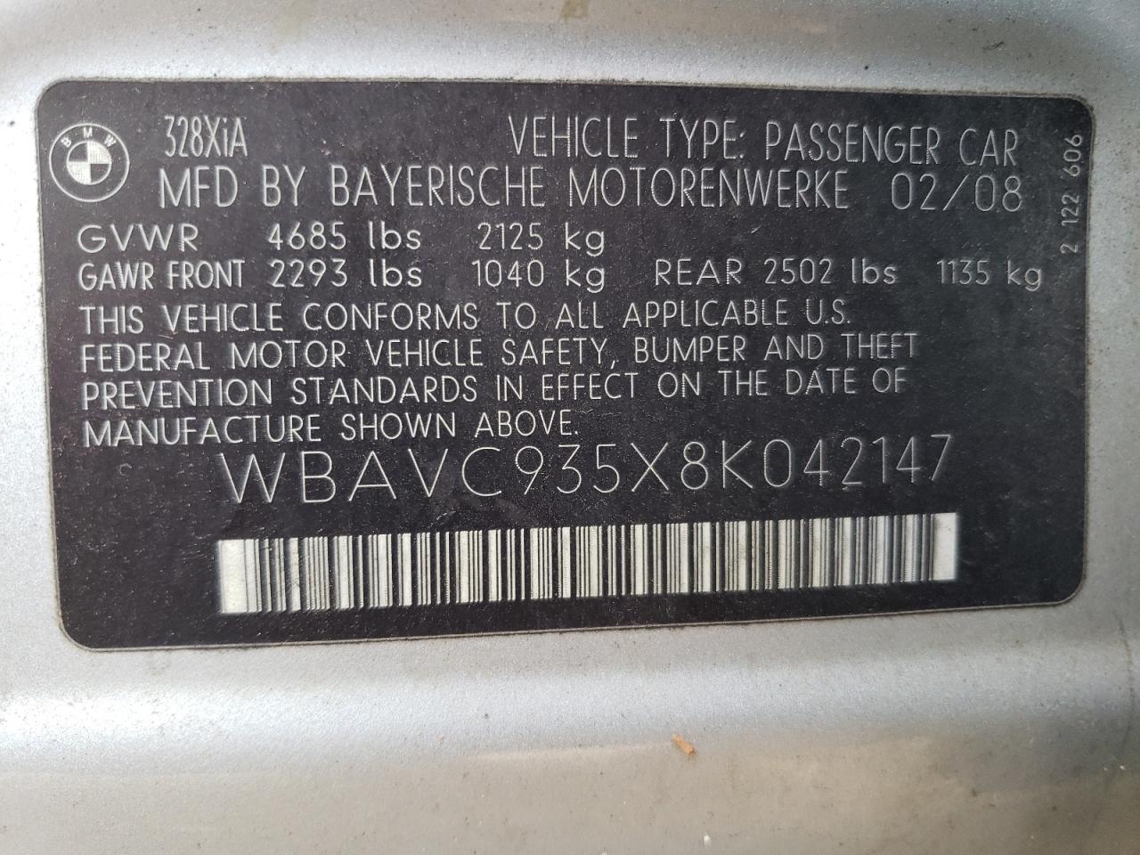 2008 BMW 3er VIN WBAVC935X8K042147 Copart auction photo, front end damage thumbnail 12