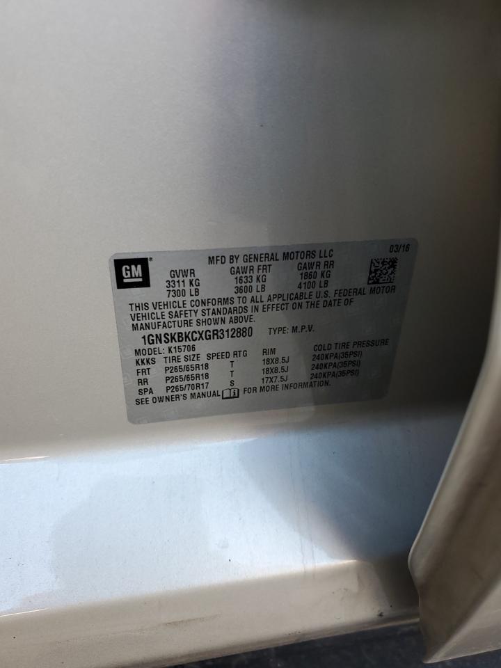 2016 Chevrolet Tahoe VIN 1GNSKBKCXGR312880 Copart auction photo, rear end damage thumbnail 13