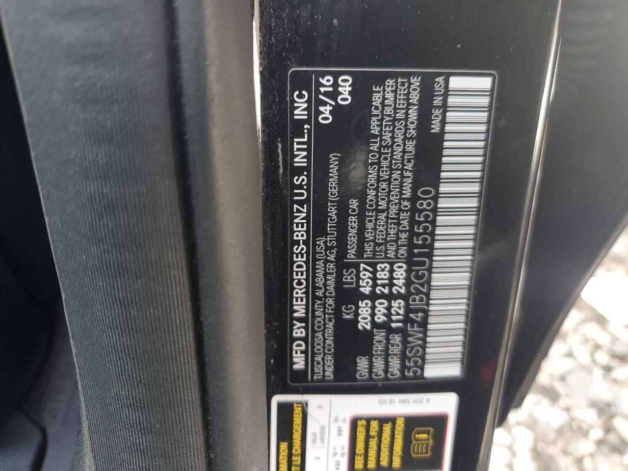 2016 Mercedes-Benz C-klasse VIN 55SWF4JB2GU155580 Copart auction photo, side damage thumbnail 14