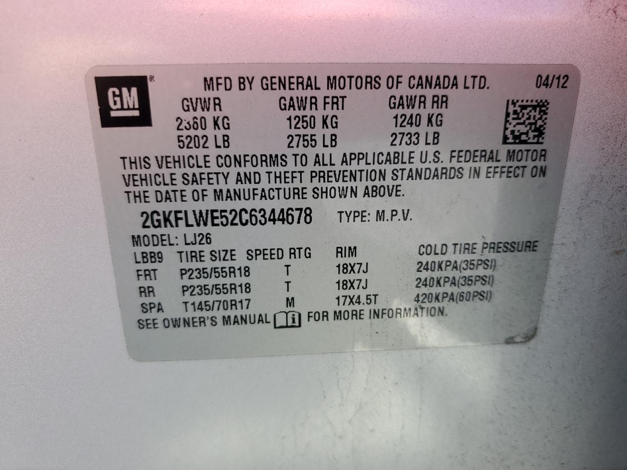2012 GMC Terrain VIN 2GKFLWE52C6344678 Copart auction photo, rear end / minor dent/scratches damage thumbnail 13