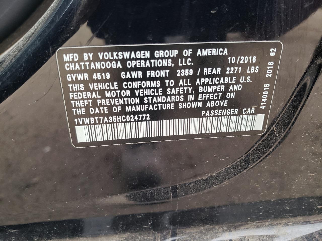 2017 Volkswagen Passat VIN 1VWBT7A35HC024772 Copart auction photo, undercarriage damage thumbnail 14